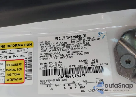 2018 Ford Fusion Titanium z USA, uszkodzony, nr VIN 3FA6P0D97JR247621